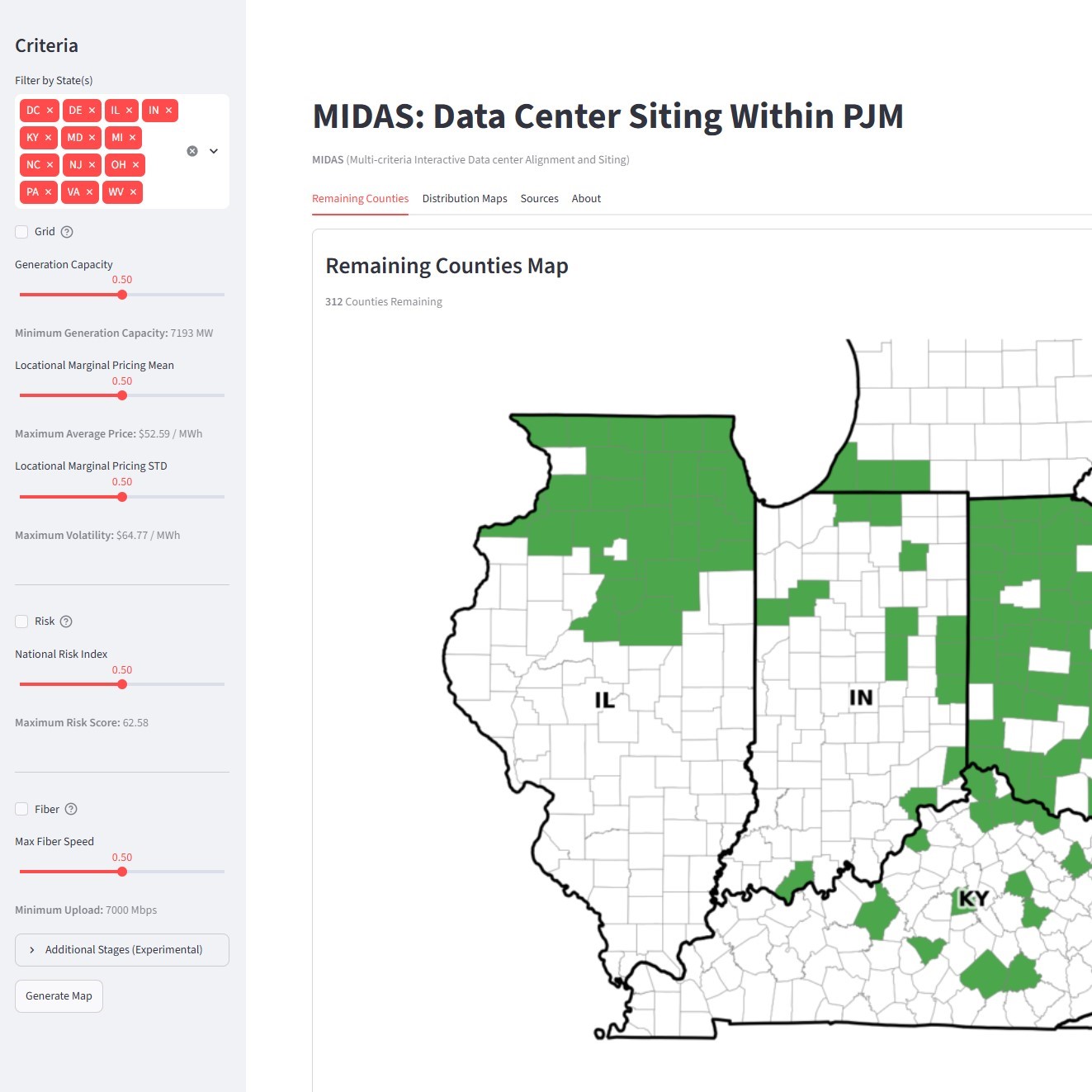 MIDAS Data Center Siting Web App